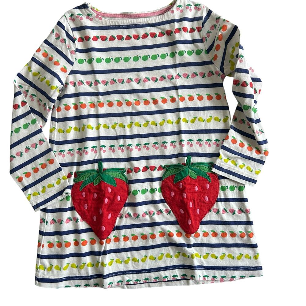 Mini Boden Strawberry applique pocket tunic dress fruit 6 7 multi rainbow